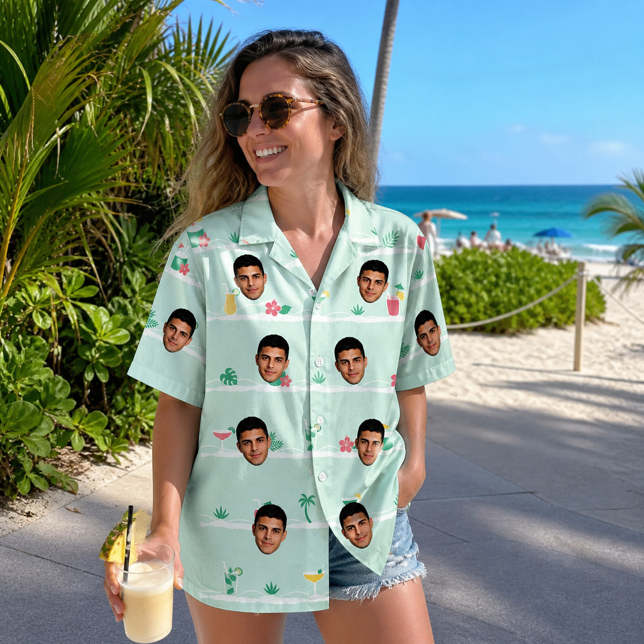 Real-life photo of someone wearing Women's Margarita Mayhem Custom Face Hawaiian Shirt — custom faces printed all-over