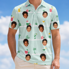 Model wearing Men's Margarita Mayhem Custom Face Polo Shirt printed with kids' faces