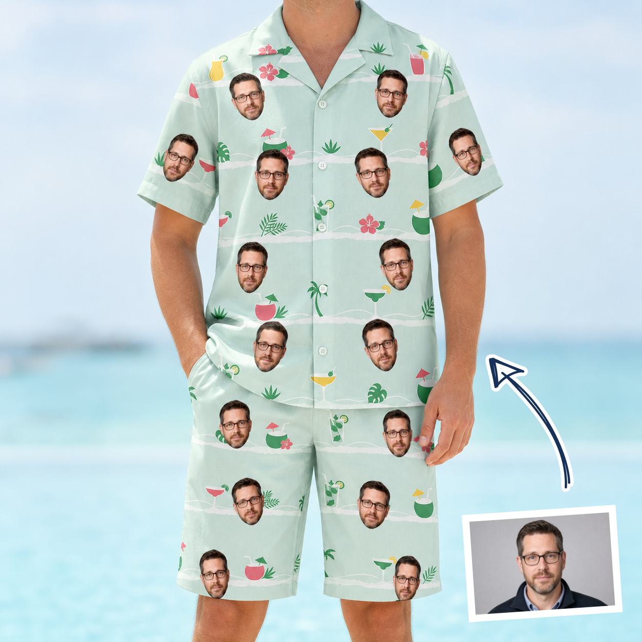 Man wearing Men's Margarita Mayhem Custom Face Shirt & Shorts Set — custom faces printed all-over