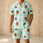 Model wearing Men's Margarita Mayhem Custom Face Shirt & Shorts Set printed with kids' faces