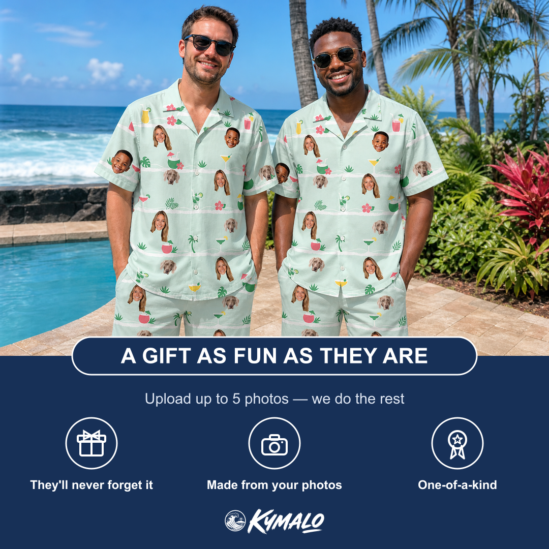 Friends in matching Men's Margarita Mayhem Custom Face Shirt & Shorts Set — a group gift photo