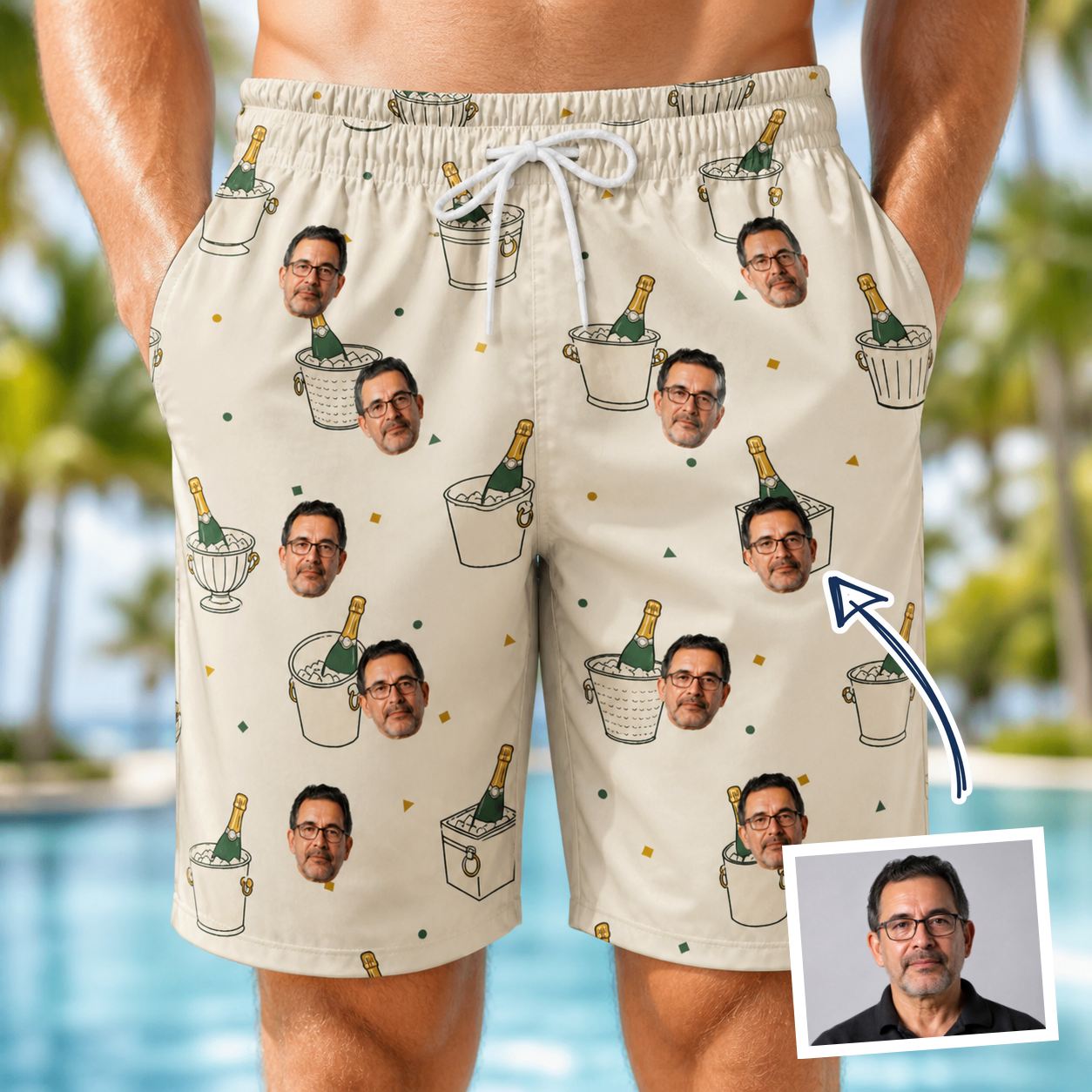 Man wearing Men's Champagne Chill Custom Face Beach Shorts — custom faces printed all-over