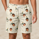 Model wearing Men's Champagne Chill Custom Face Beach Shorts printed with kids' faces