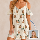 Woman wearing Women's Champagne Chill Custom Face Off-Shoulder Dress — custom faces printed all-over