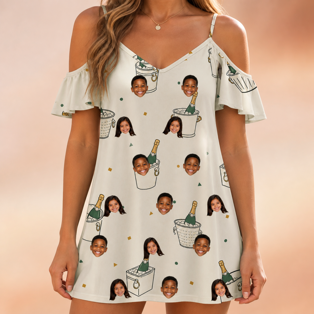 Model wearing Women's Champagne Chill Custom Face Off-Shoulder Dress printed with kids' faces