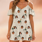 Model wearing Women's Champagne Chill Custom Face Off-Shoulder Dress printed with kids' faces