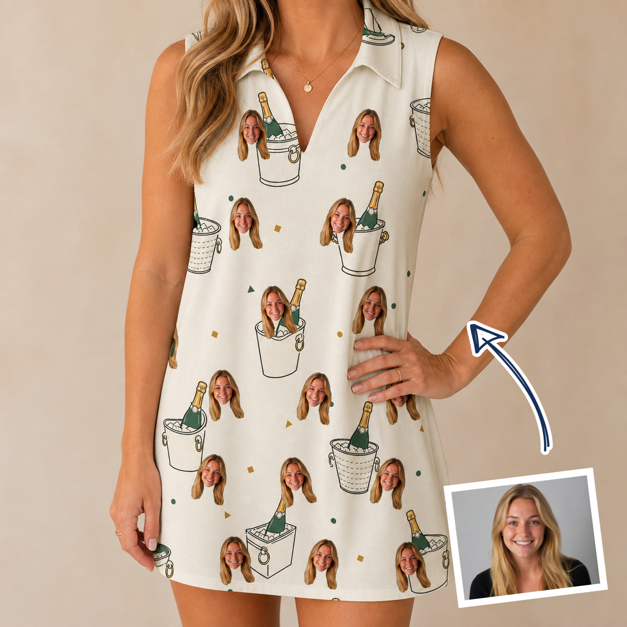 Woman wearing Women's Champagne Chill Custom Face V-Neck Dress — custom faces printed all-over