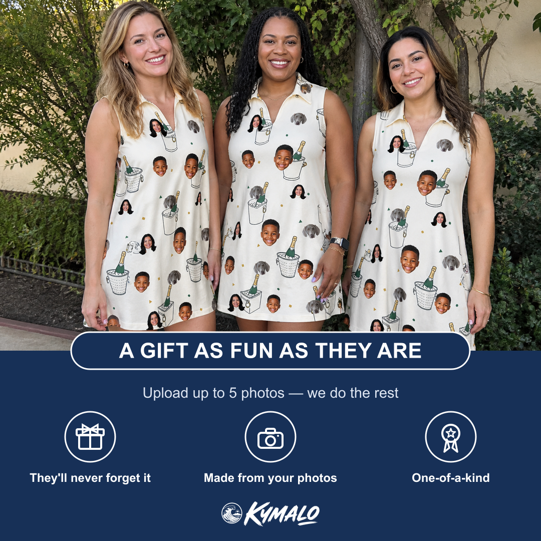 Friends in matching Women's Champagne Chill Custom Face V-Neck Dress — a group gift photo