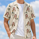 Man wearing Men's Champagne Chill Custom Face Hawaiian Shirt open over a white tee