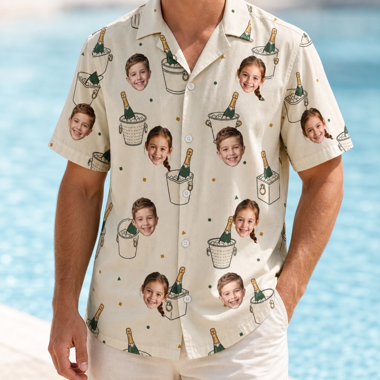 Model wearing Men's Champagne Chill Custom Face Hawaiian Shirt printed with kids' faces