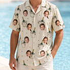 Model wearing Men's Champagne Chill Custom Face Hawaiian Shirt printed with kids' faces
