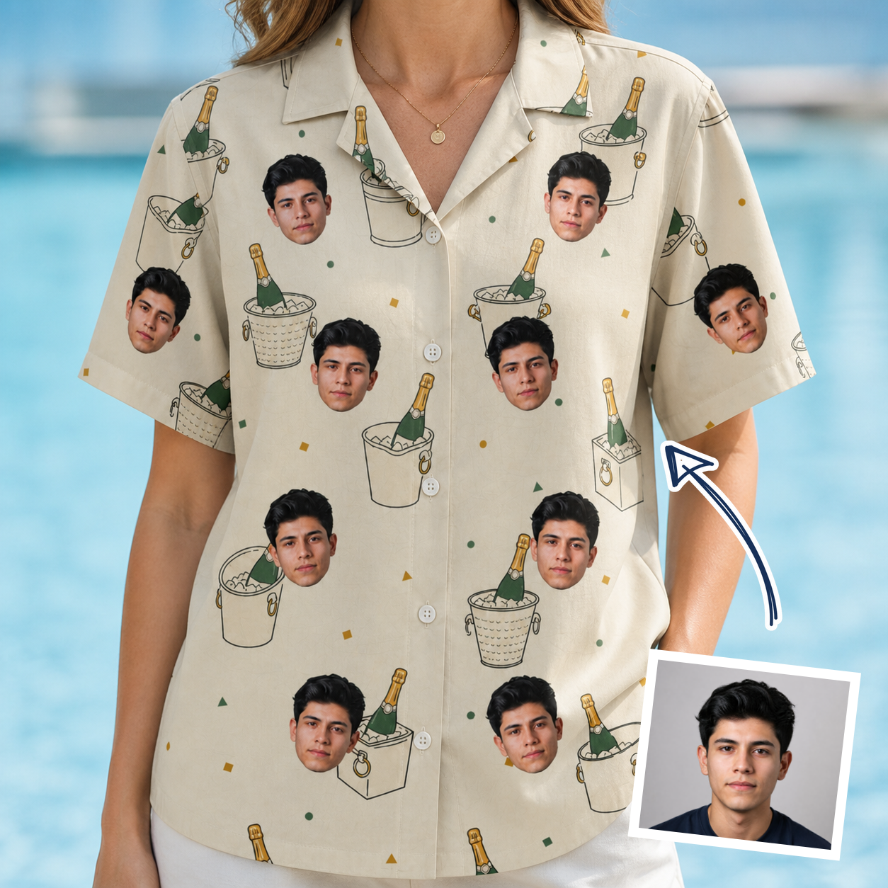 Woman wearing Women's Champagne Chill Custom Face Hawaiian Shirt — custom faces printed all-over