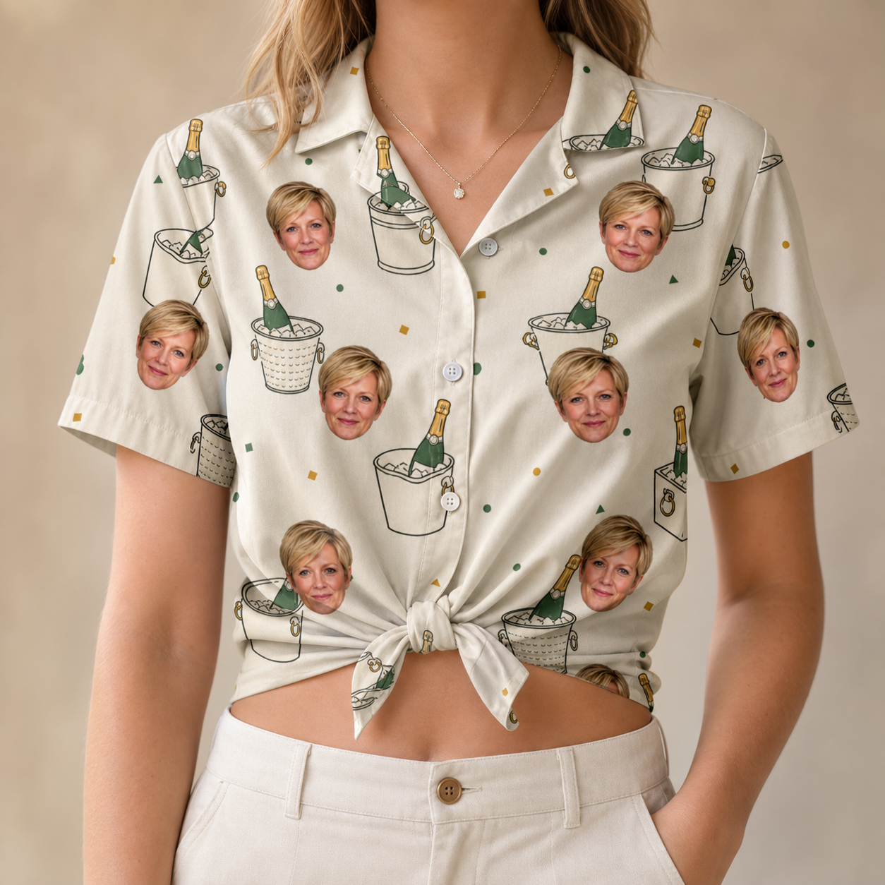 Woman wearing Women's Champagne Chill Custom Face Hawaiian Shirt tied at the waist