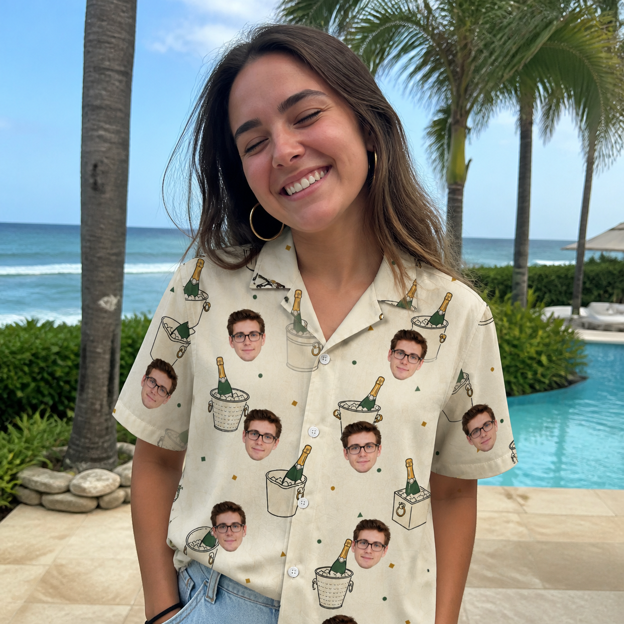 Real-life photo of someone wearing Women's Champagne Chill Custom Face Hawaiian Shirt — custom faces printed all-over