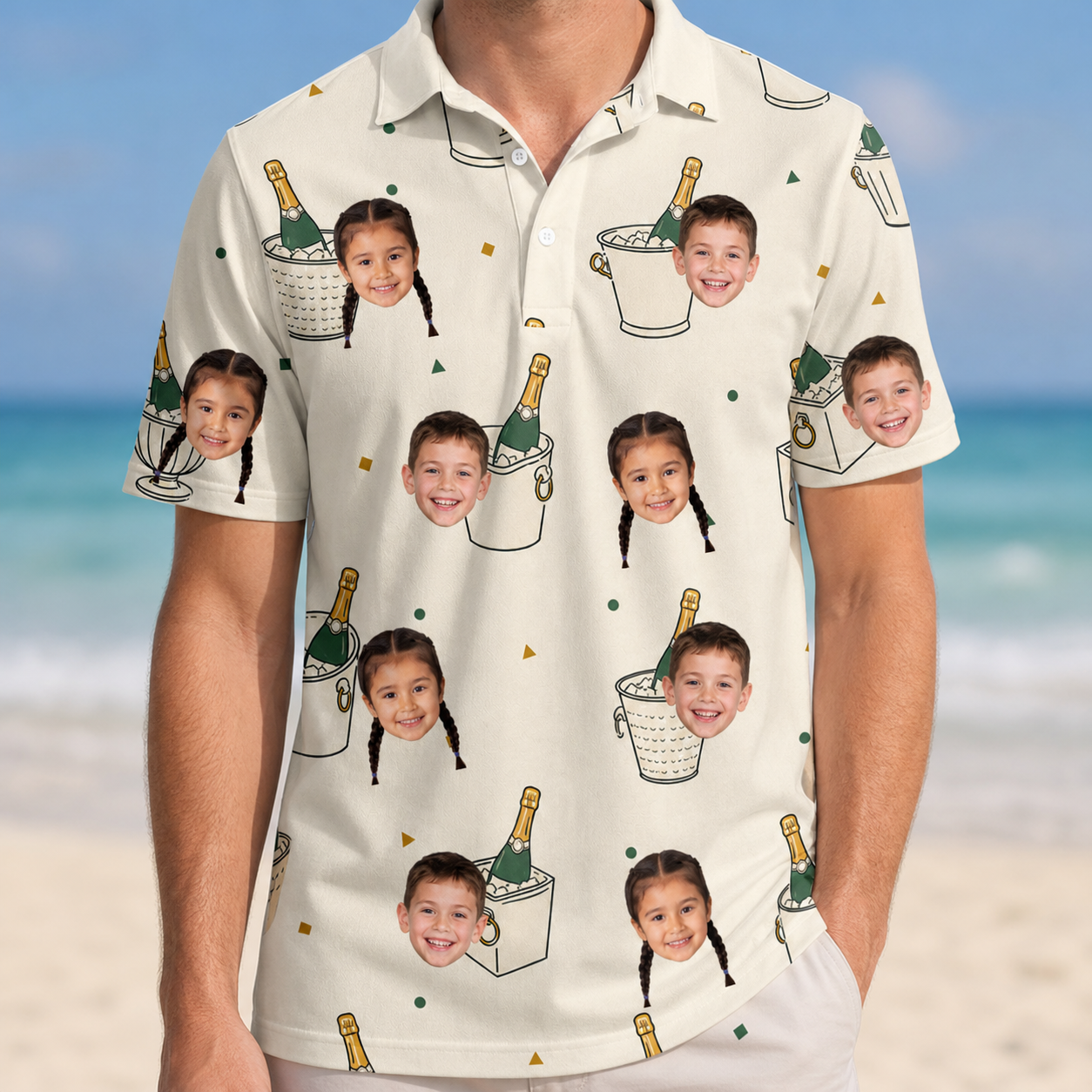 Model wearing Men's Champagne Chill Custom Face Polo Shirt printed with kids' faces