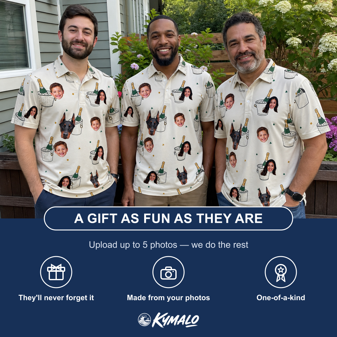 Friends in matching Men's Champagne Chill Custom Face Polo Shirt — a group gift photo