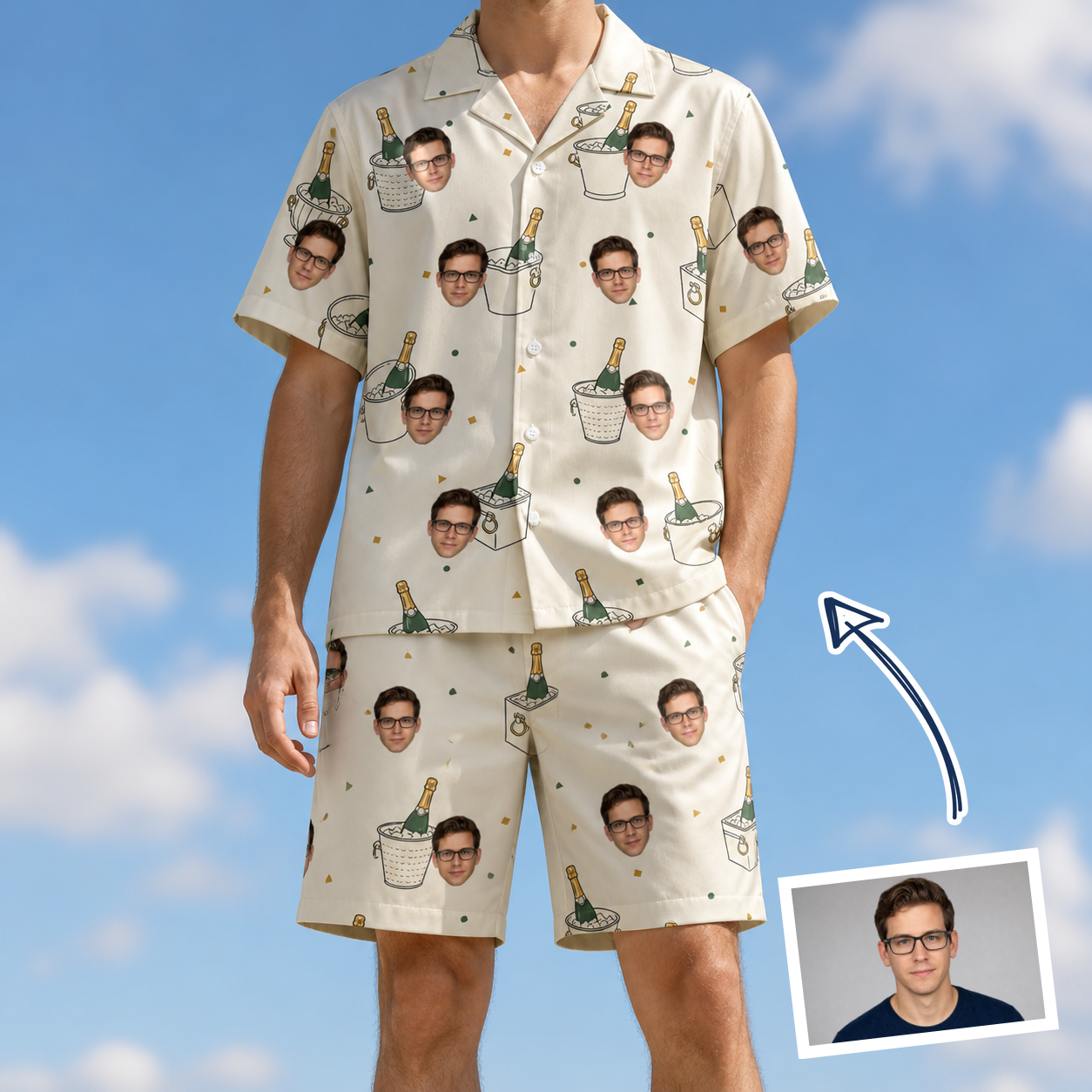 Man wearing Men's Champagne Chill Custom Face Shirt & Shorts Set — custom faces printed all-over