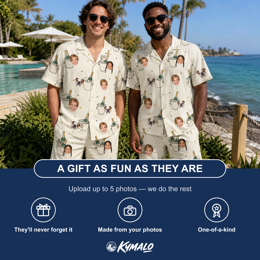 Friends in matching Men's Champagne Chill Custom Face Shirt & Shorts Set — a group gift photo