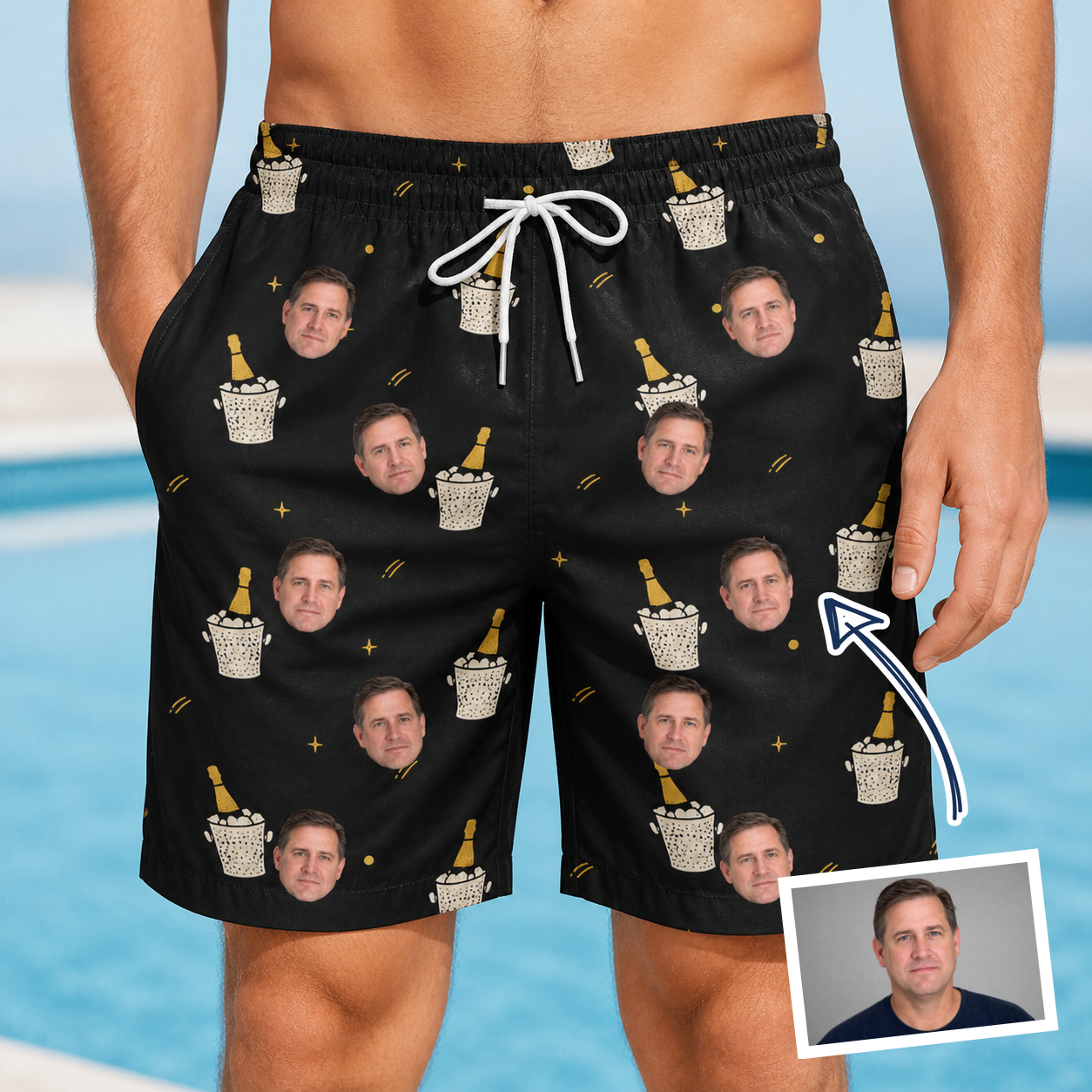 Man wearing Men's Frosted Flutes Custom Face Beach Shorts — custom faces printed all-over