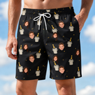 Model wearing Men's Frosted Flutes Custom Face Beach Shorts printed with kids' faces