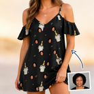 Woman wearing Women's Frosted Flutes Custom Face Off-Shoulder Dress — custom faces printed all-over