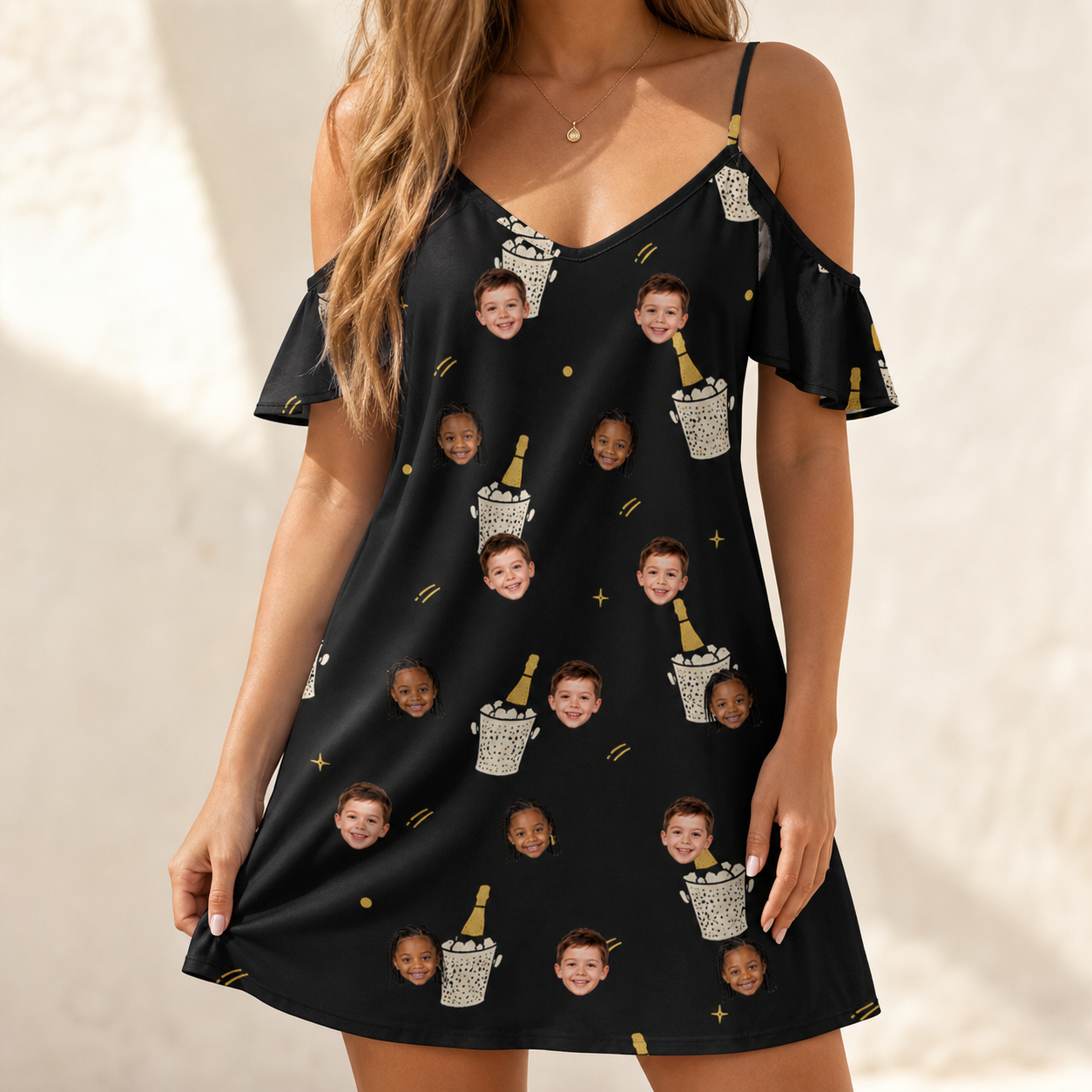 Model wearing Women's Frosted Flutes Custom Face Off-Shoulder Dress printed with kids' faces