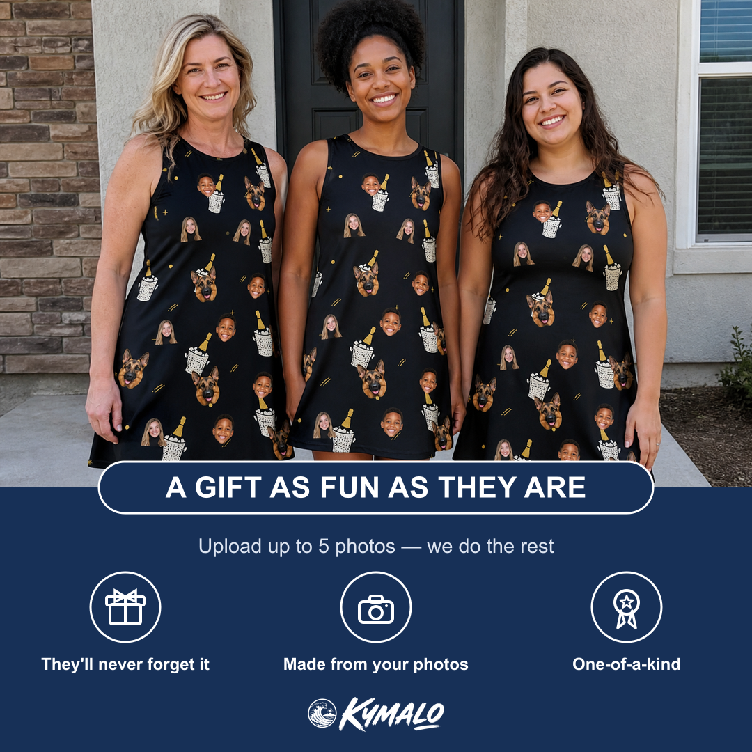 Friends in matching Women's Frosted Flutes Custom Face Tank Dress — a group gift photo