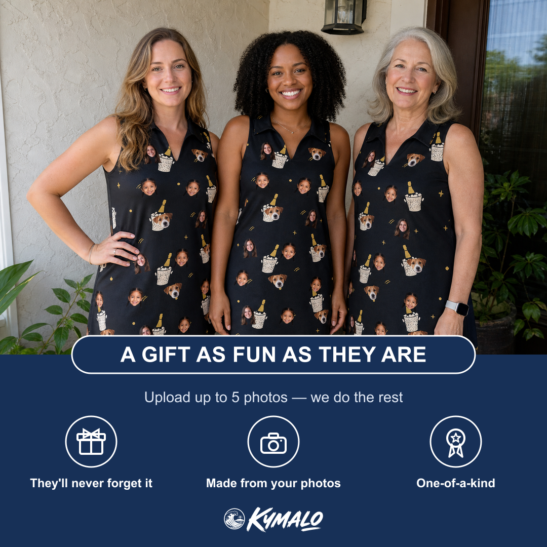 Friends in matching Women's Frosted Flutes Custom Face V-Neck Dress — a group gift photo