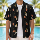 Man wearing Men's Frosted Flutes Custom Face Hawaiian Shirt open over a white tee