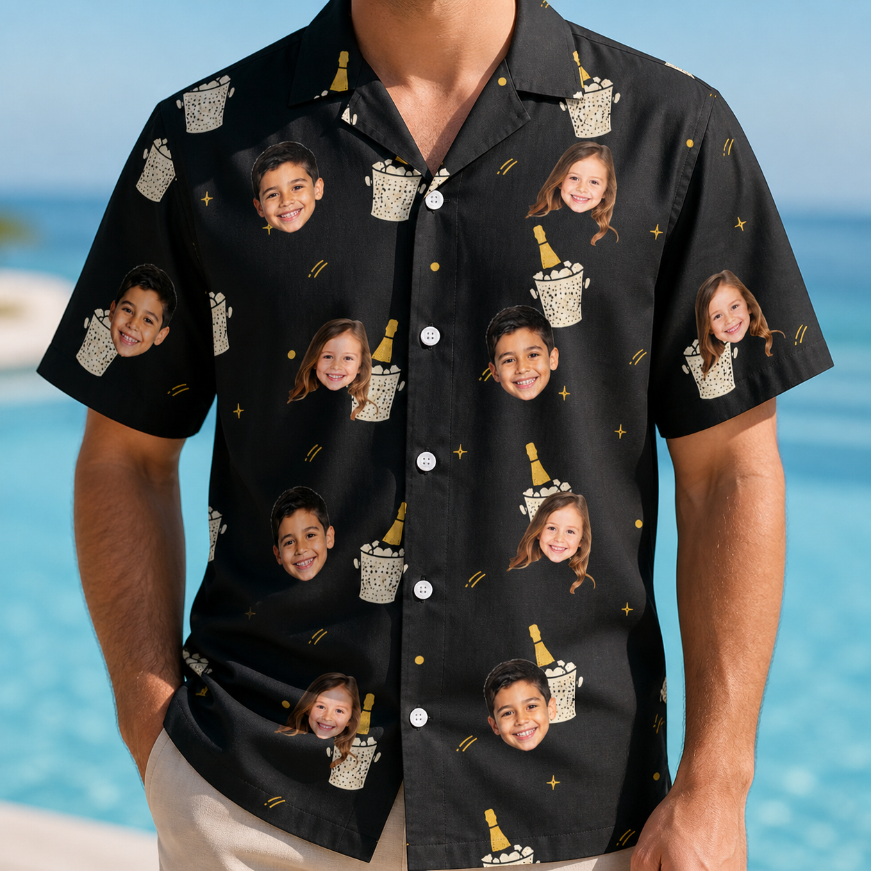 Model wearing Men's Frosted Flutes Custom Face Hawaiian Shirt printed with kids' faces