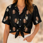 Woman wearing Women's Frosted Flutes Custom Face Hawaiian Shirt tied at the waist