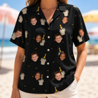 Model wearing Women's Frosted Flutes Custom Face Hawaiian Shirt printed with kids' faces