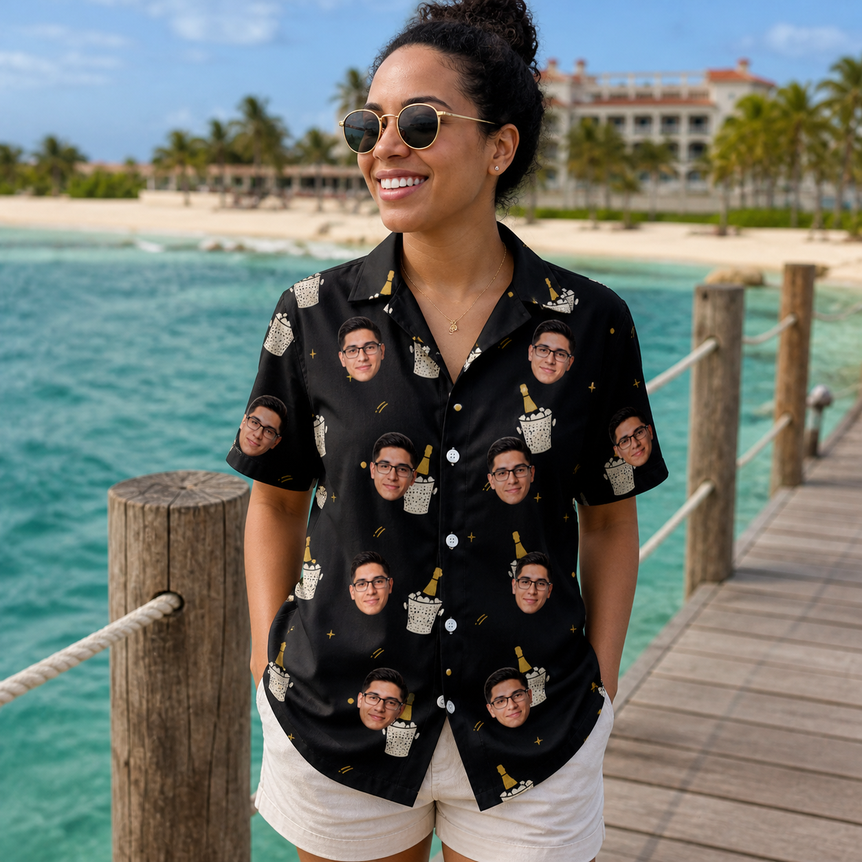 Real-life photo of someone wearing Women's Frosted Flutes Custom Face Hawaiian Shirt — custom faces printed all-over