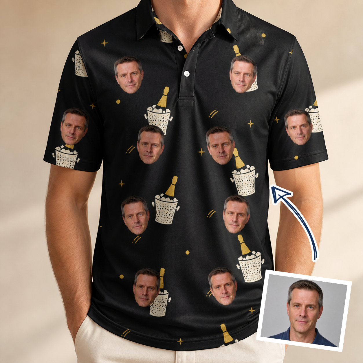 Man wearing Men's Frosted Flutes Custom Face Polo Shirt — custom faces printed all-over