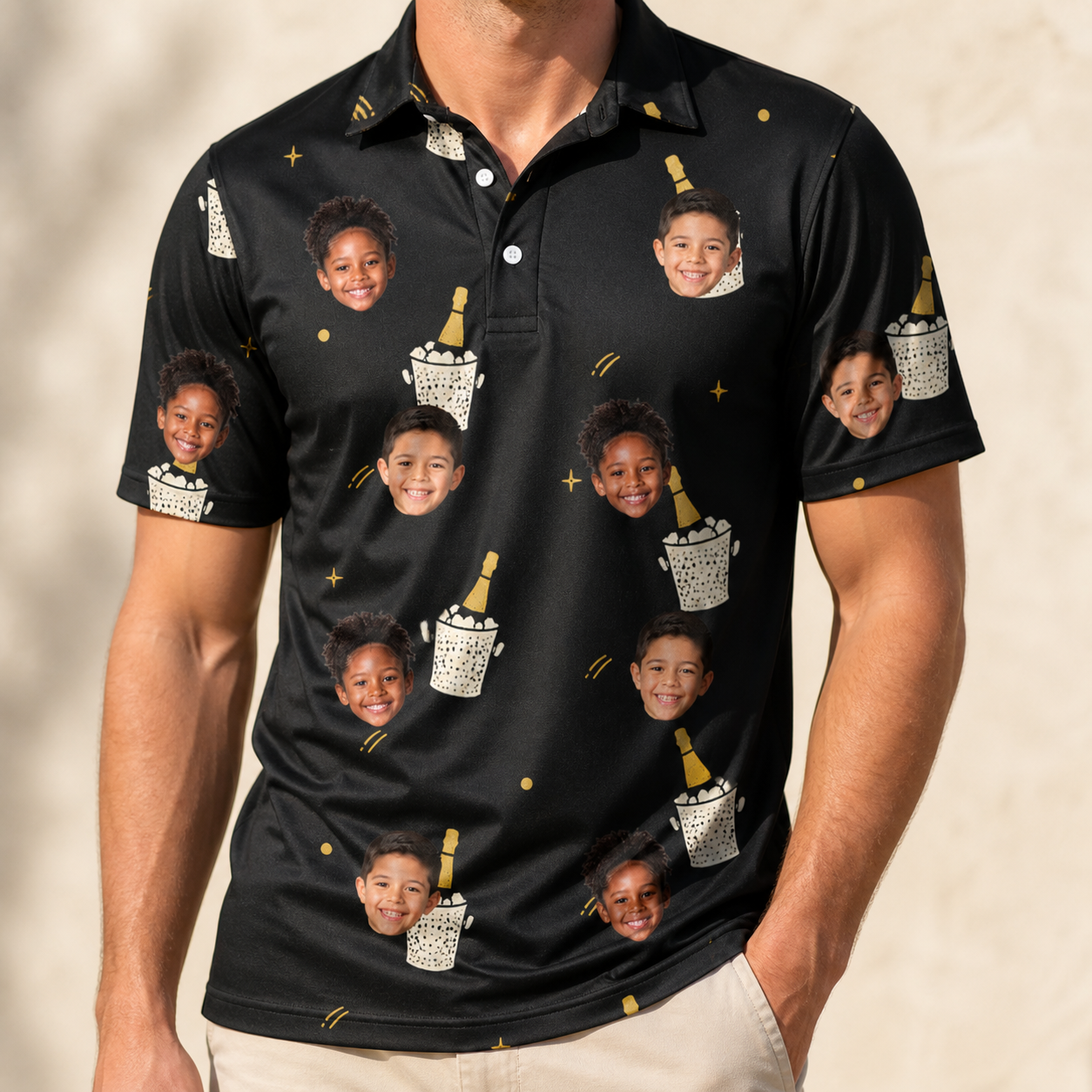 Model wearing Men's Frosted Flutes Custom Face Polo Shirt printed with kids' faces