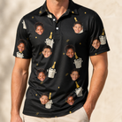 Model wearing Men's Frosted Flutes Custom Face Polo Shirt printed with kids' faces