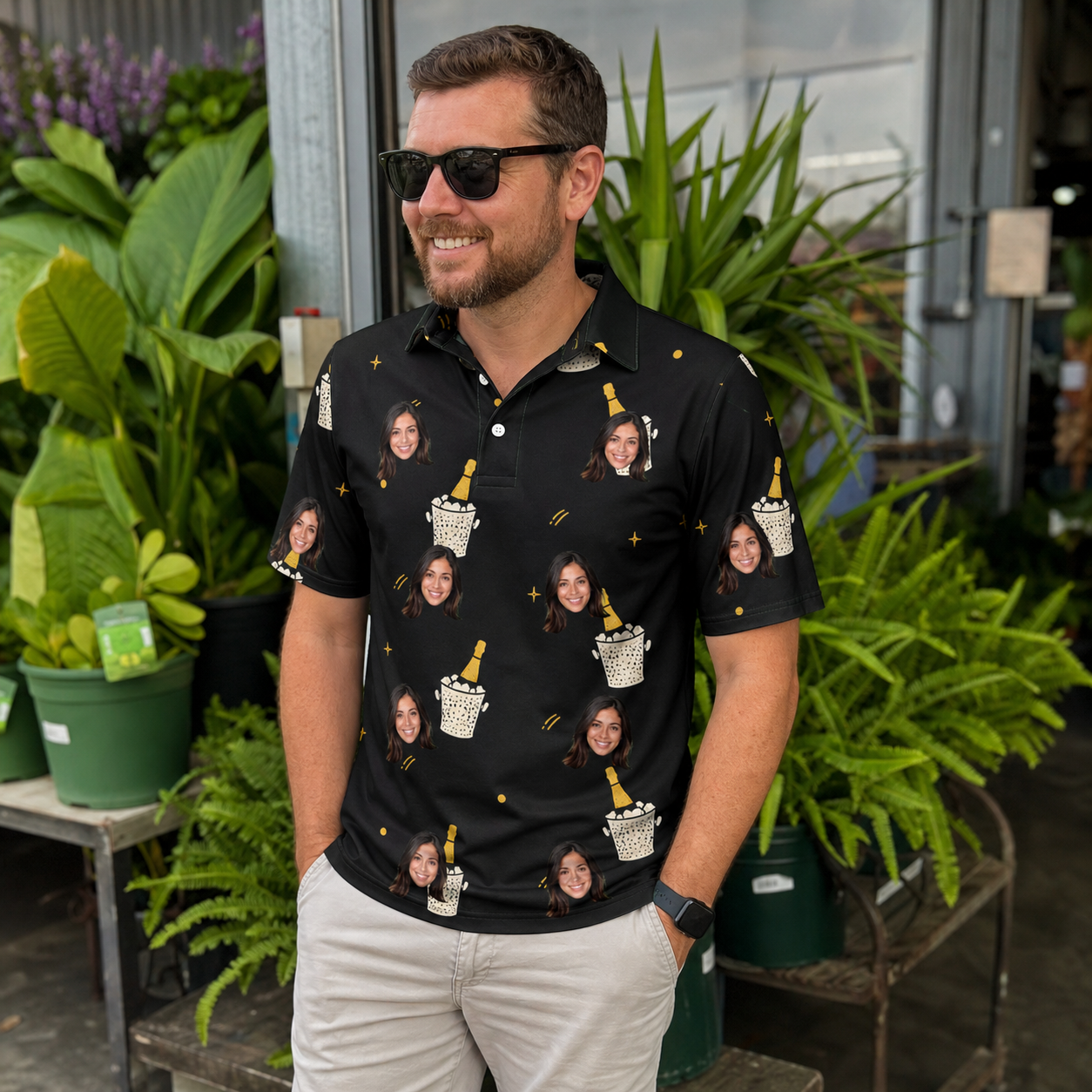 Real-life photo of someone wearing Men's Frosted Flutes Custom Face Polo Shirt — custom faces printed all-over
