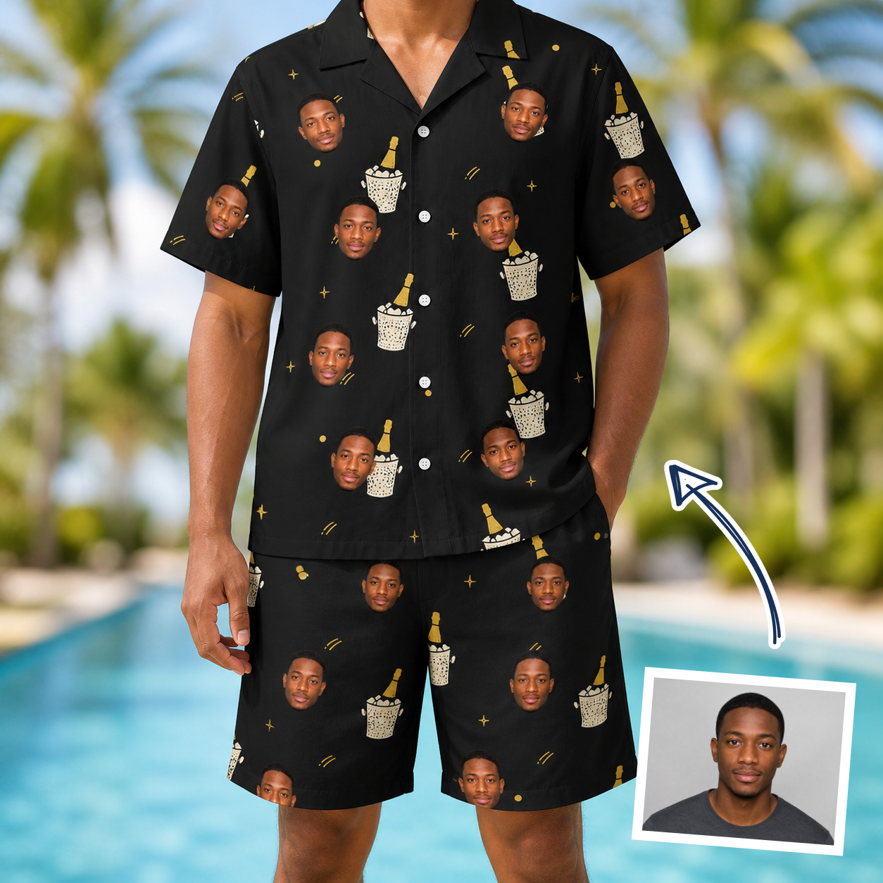 Man wearing Men's Frosted Flutes Custom Face Shirt & Shorts Set — custom faces printed all-over