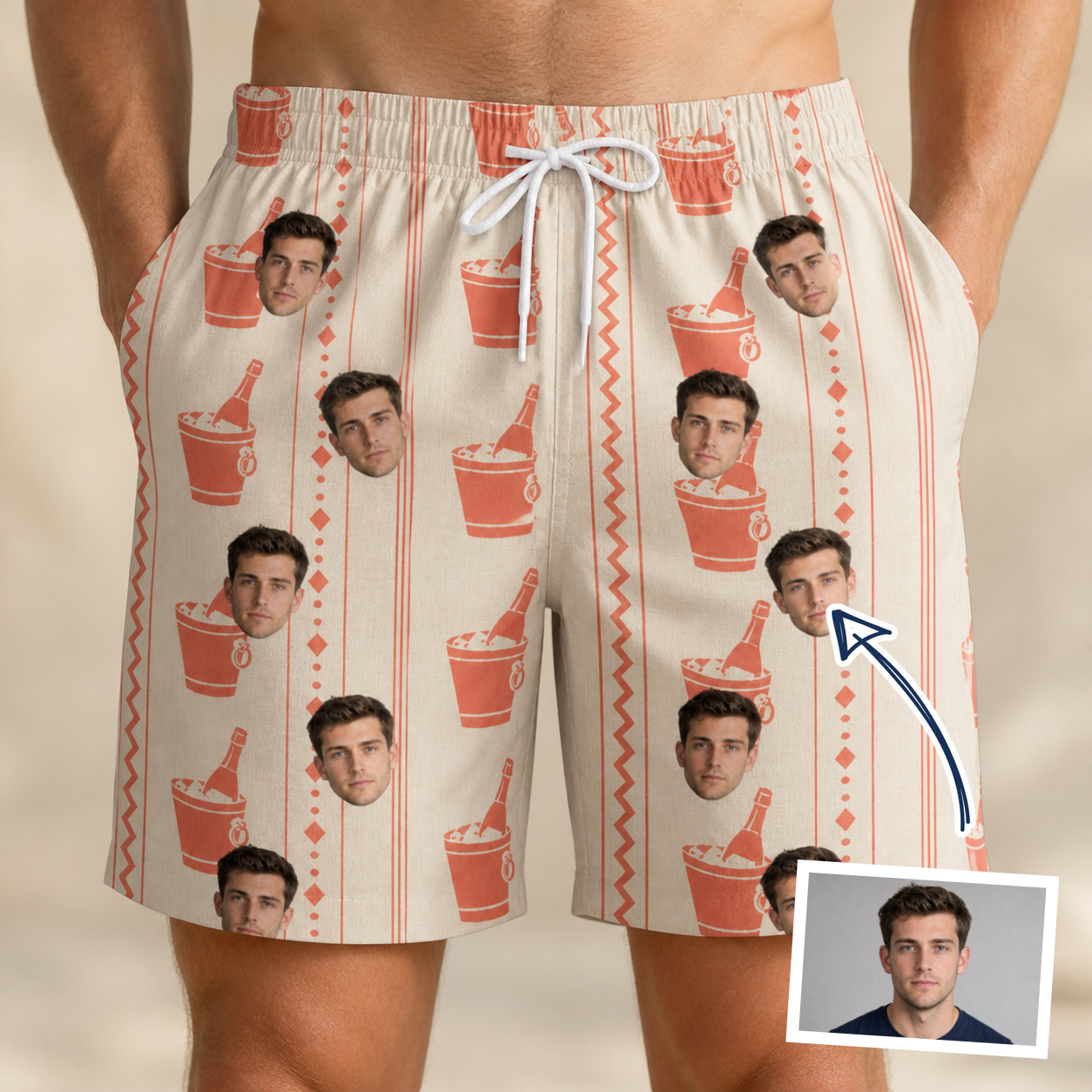 Man wearing Men's Bubbly Buckets Custom Face Beach Shorts — custom faces printed all-over