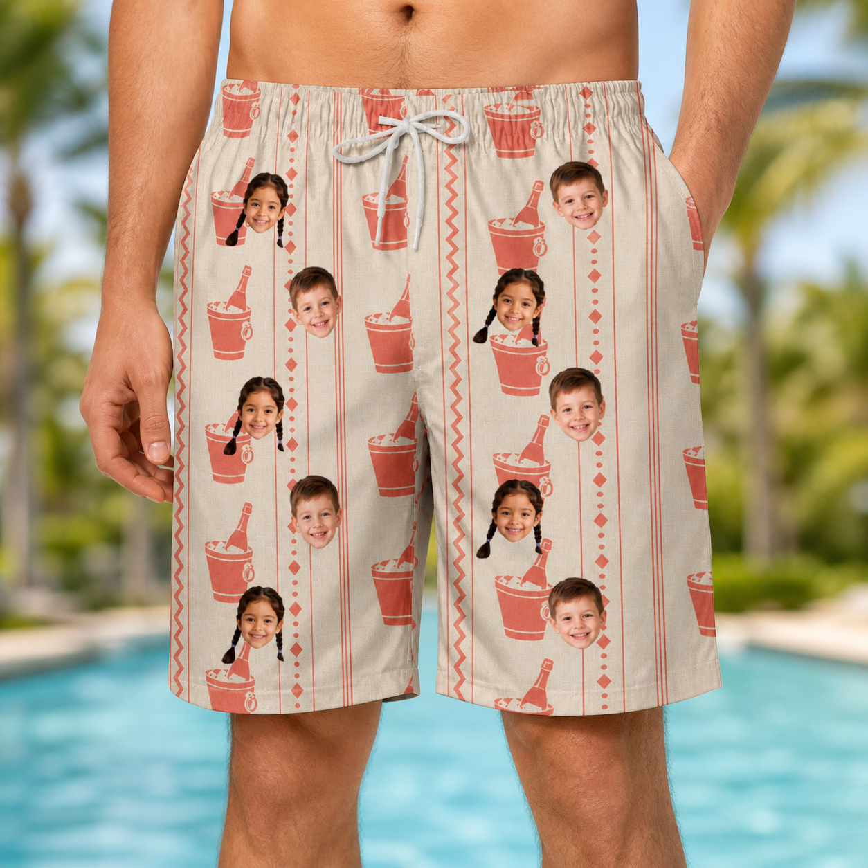 Model wearing Men's Bubbly Buckets Custom Face Beach Shorts printed with kids' faces