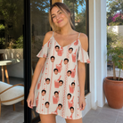 Real-life photo of someone wearing Women's Bubbly Buckets Custom Face Off-Shoulder Dress — custom faces printed all-over
