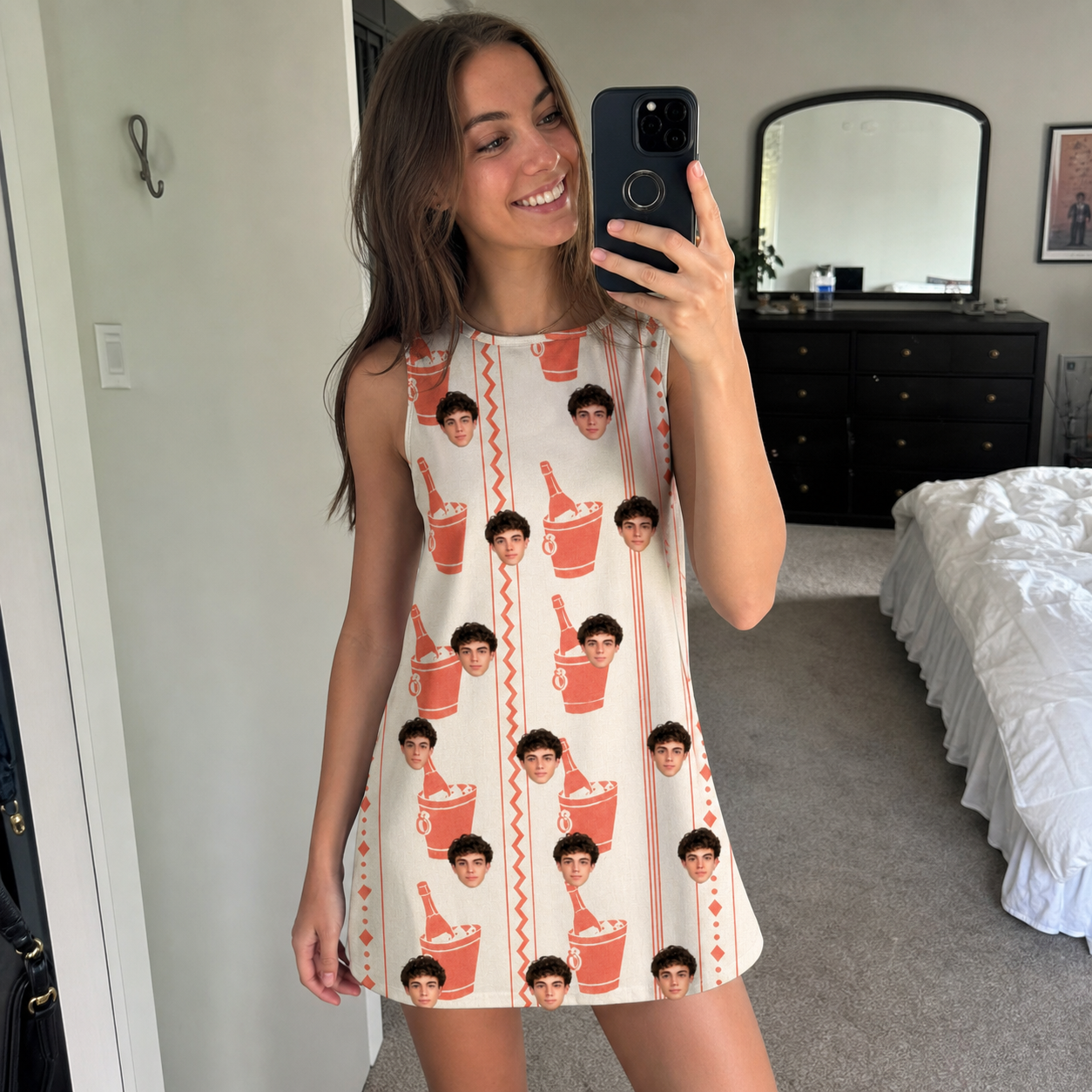 Real-life photo of someone wearing Women's Bubbly Buckets Custom Face Tank Dress — custom faces printed all-over