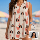 Woman wearing Women's Bubbly Buckets Custom Face V-Neck Dress — custom faces printed all-over