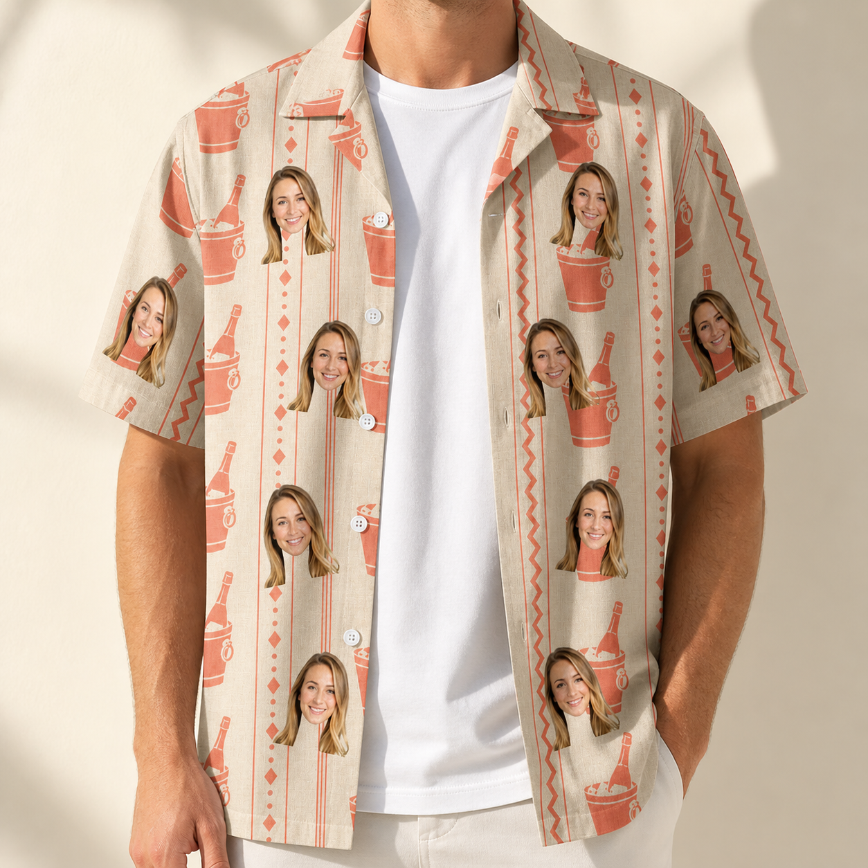 Man wearing Men's Bubbly Buckets Custom Face Hawaiian Shirt open over a white tee