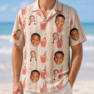Model wearing Men's Bubbly Buckets Custom Face Hawaiian Shirt printed with kids' faces
