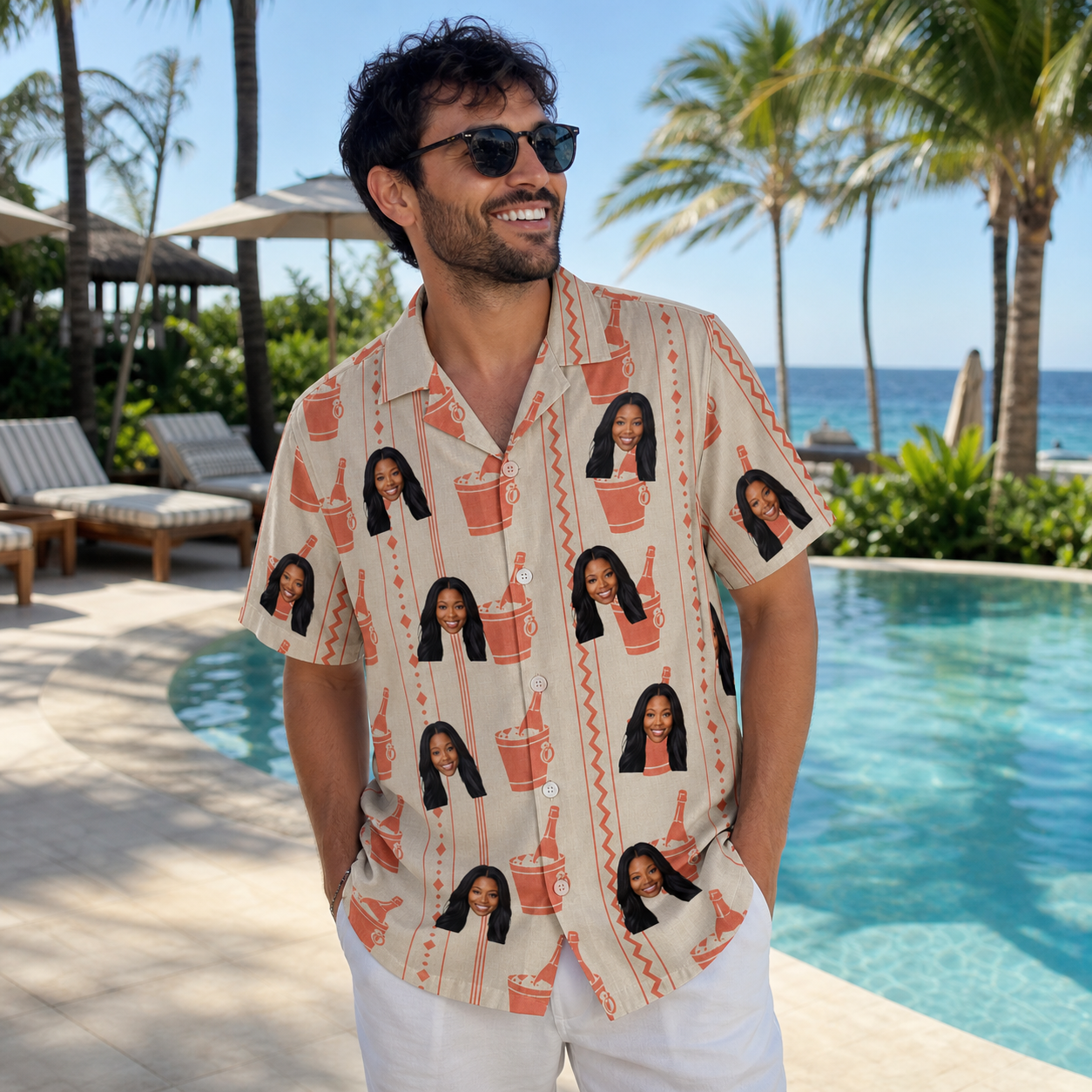 Real-life photo of someone wearing Men's Bubbly Buckets Custom Face Hawaiian Shirt — custom faces printed all-over