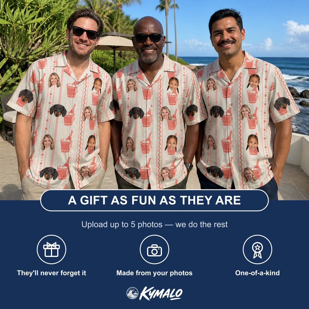 Friends in matching Men's Bubbly Buckets Custom Face Hawaiian Shirt — a group gift photo