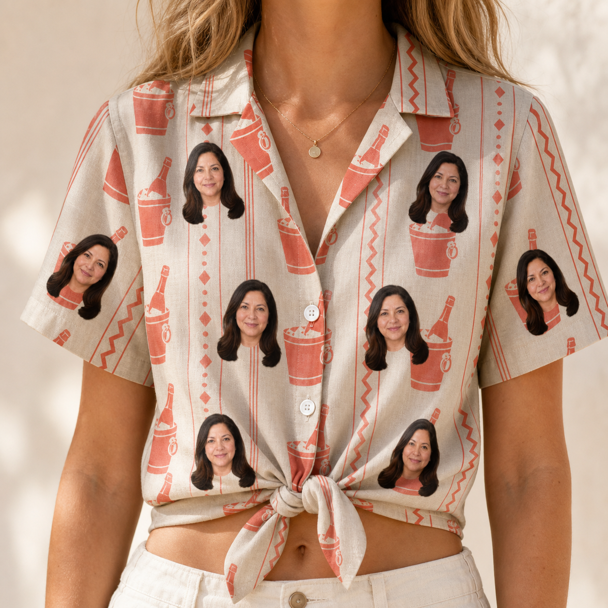 Woman wearing Women's Bubbly Buckets Custom Face Hawaiian Shirt tied at the waist