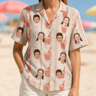 Model wearing Women's Bubbly Buckets Custom Face Hawaiian Shirt printed with kids' faces