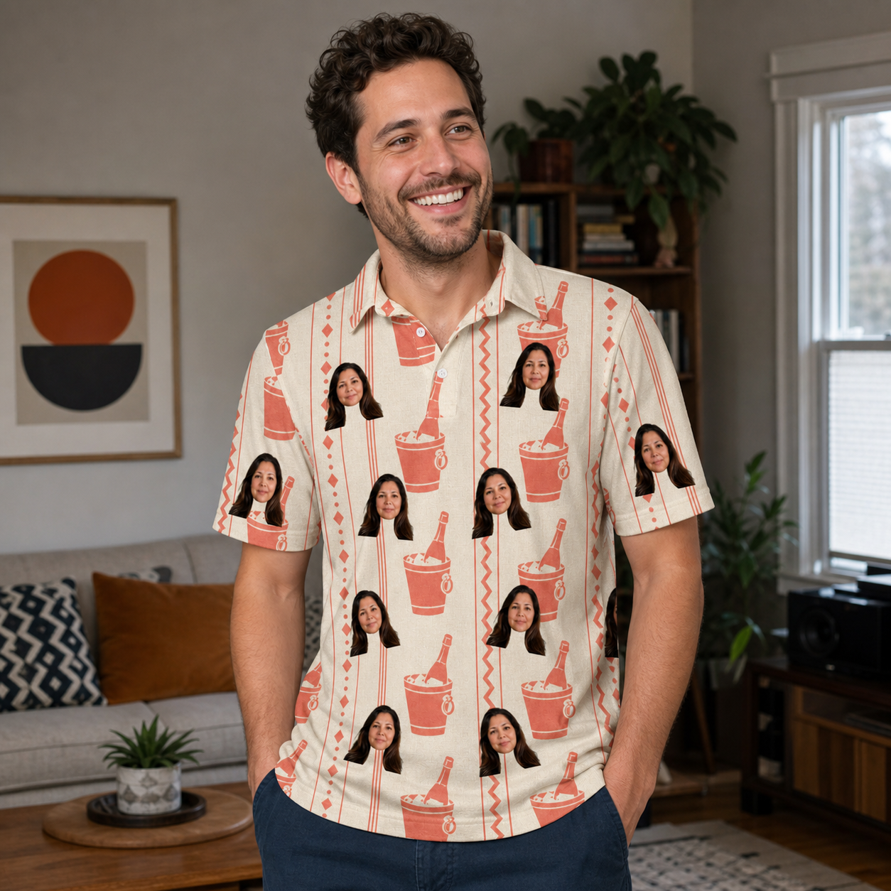 Real-life photo of someone wearing Men's Bubbly Buckets Custom Face Polo Shirt — custom faces printed all-over
